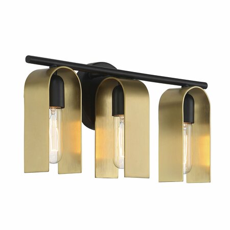 U Turn 18in 3-Light Matte Black Glam Indoor Vanity Light With Brushed Gold Metal Shades